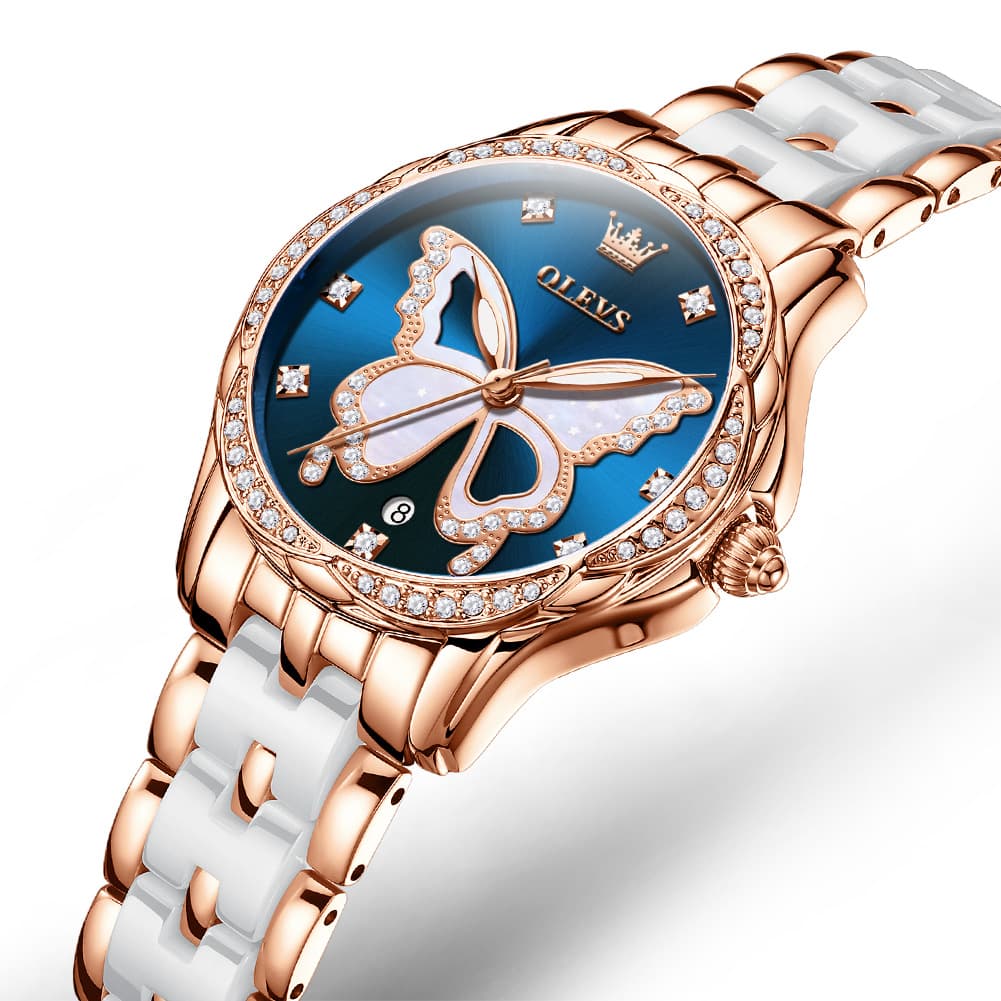 OLEVS Women Butterfly Watch Ceramic Rose Gold Diamond Date Quartz 5610 - Rose Gold White Dial Watch | Olevs Watch Store