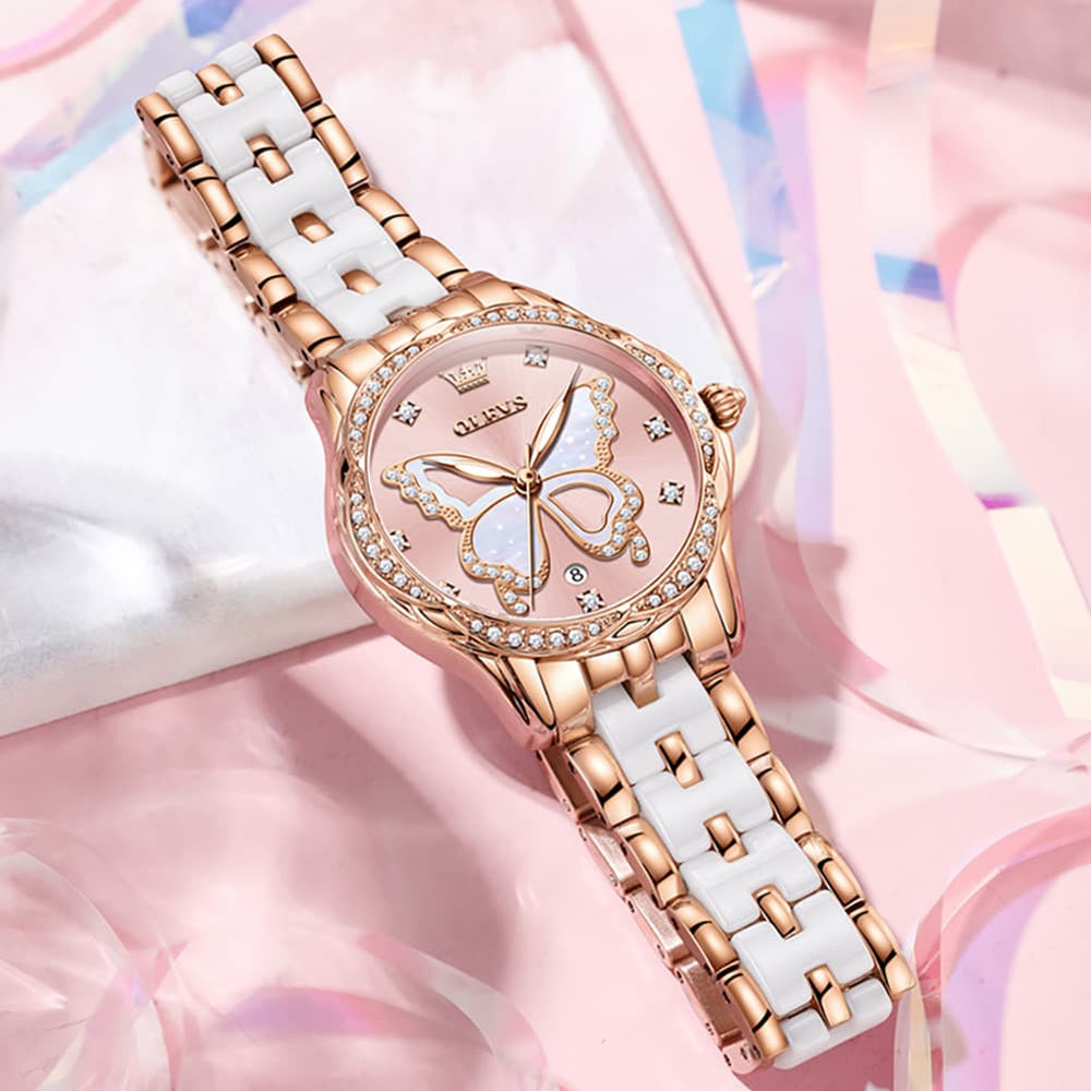 OLEVS Women Butterfly Watch Ceramic Rose Gold Diamond Date Quartz 5610 - Rose Gold White Dial Watch | Olevs Watch Store