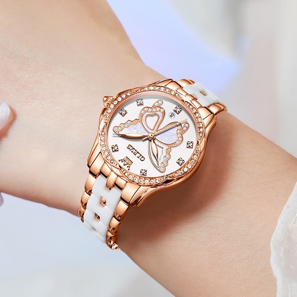 OLEVS Women Butterfly Watch Ceramic Rose Gold Diamond Date Quartz 5610 - Rose Gold Red Dial Watch | Olevs Watch Store