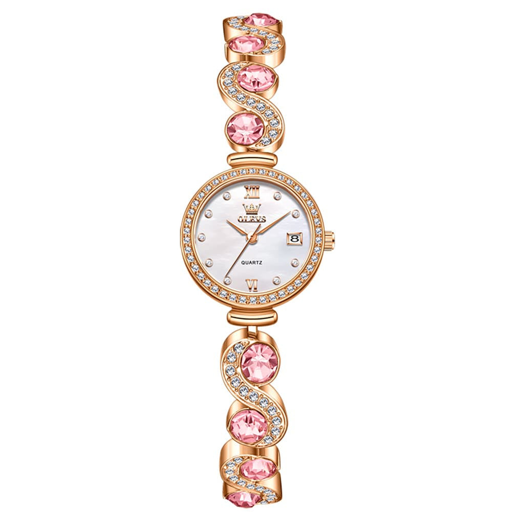 OLEVS Women Jewelry Bracelet Watch Pink Diamond Mother of Pearl Date Quartz 5633 - Silver Pink Diamond | Olevs Watch Store
