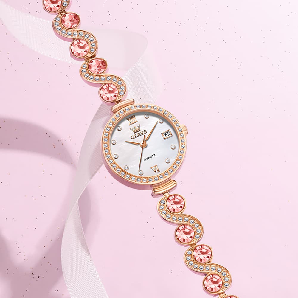 OLEVS Women Jewelry Bracelet Watch Pink Diamond Mother of Pearl Date Quartz 5633 - Silver Pink Diamond | Olevs Watch Store