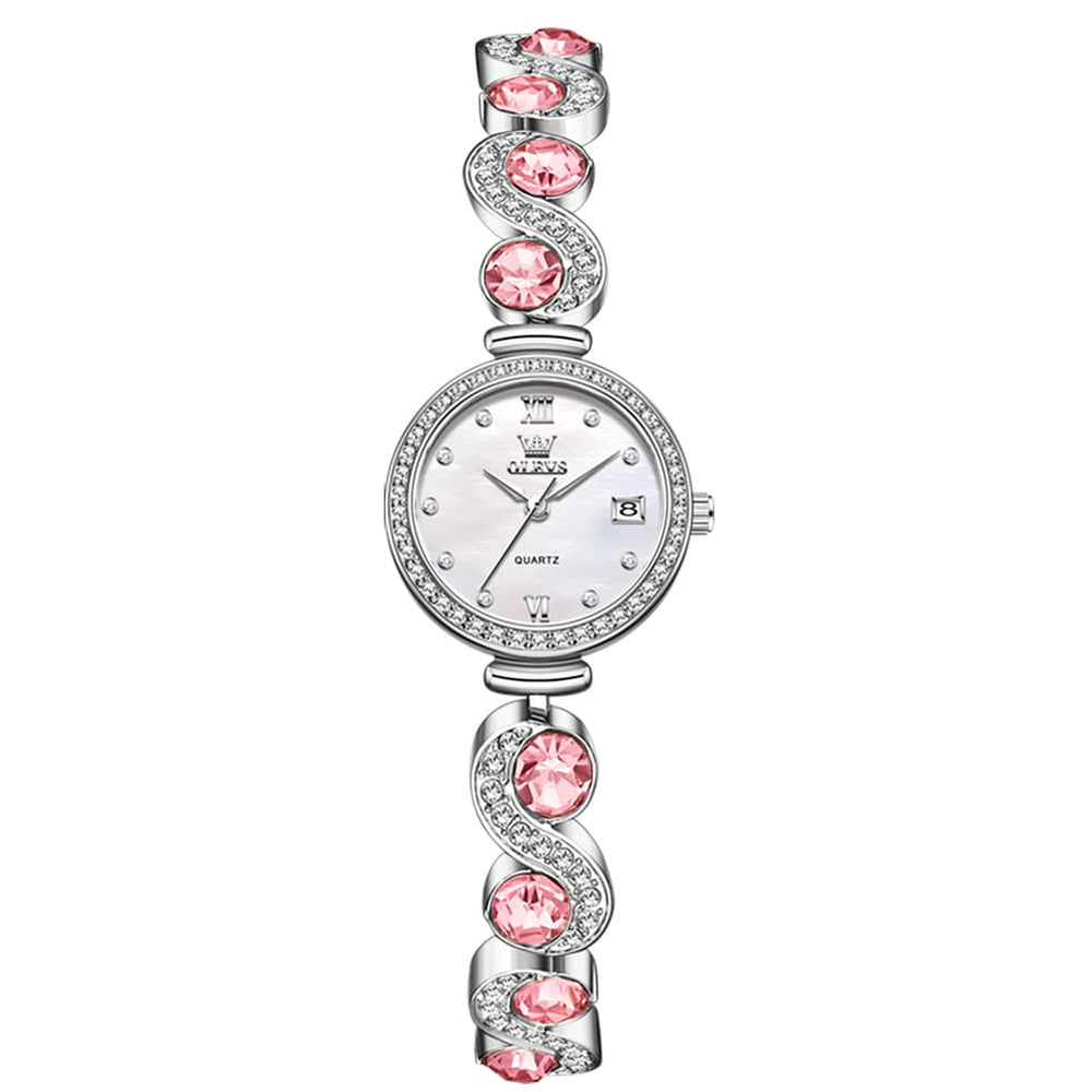 OLEVS Women Jewelry Bracelet Watch Pink Diamond Mother of Pearl Date Quartz 5633 - Silver Pink Diamond | Olevs Watch Store