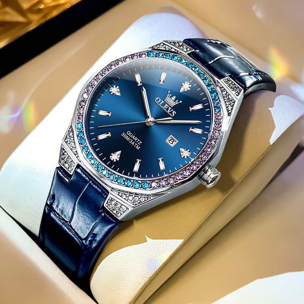 OLEVS Women Octagonal Watch Diamond Bezel Leather Strap Date Quartz 5606 - Navy Blue Leather Watch | Olevs Watch Store