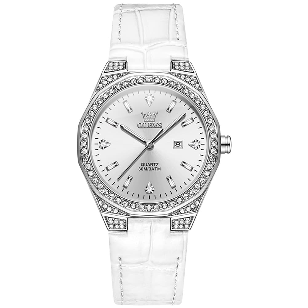 OLEVS Women Octagonal Watch Diamond Bezel Leather Strap Date Quartz 5606 - White Leather Watch | Olevs Watch Store