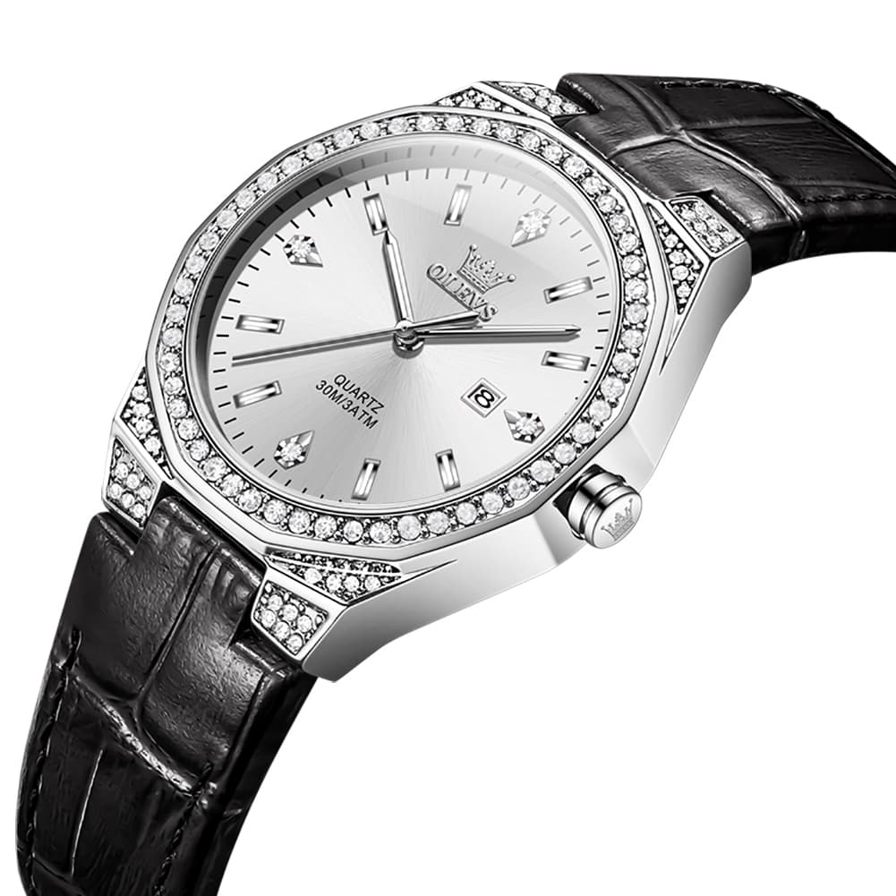 OLEVS Women Octagonal Watch Diamond Bezel Leather Strap Date Quartz 5606 - White Leather Watch | Olevs Watch Store