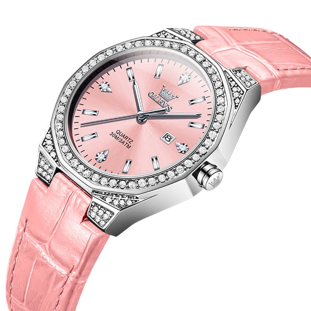 OLEVS Women Octagonal Watch Diamond Bezel Leather Strap Date Quartz 5606 - White Leather Watch | Olevs Watch Store