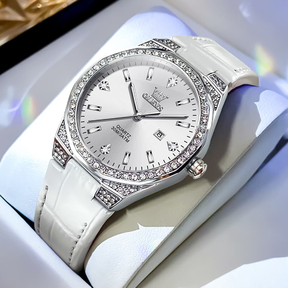 OLEVS Women Octagonal Watch Diamond Bezel Leather Strap Date Quartz 5606 - White Leather Watch | Olevs Watch Store