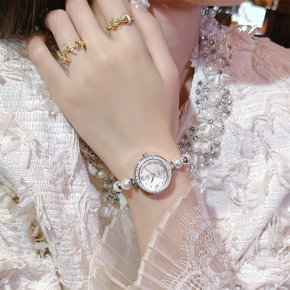 OLEVS Women Pearl Bracelet Watch Diamond Bezel Mother of Pearl Quartz 5640 - Silver White Dial Watch | Olevs Watch Store