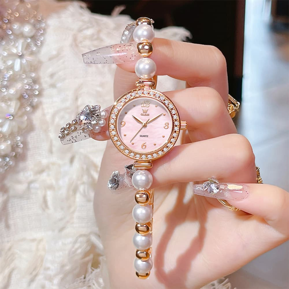OLEVS Women Pearl Bracelet Watch Diamond Bezel Mother of Pearl Quartz 5640 - Rose Gold White Dial Watch | Olevs Watch Store