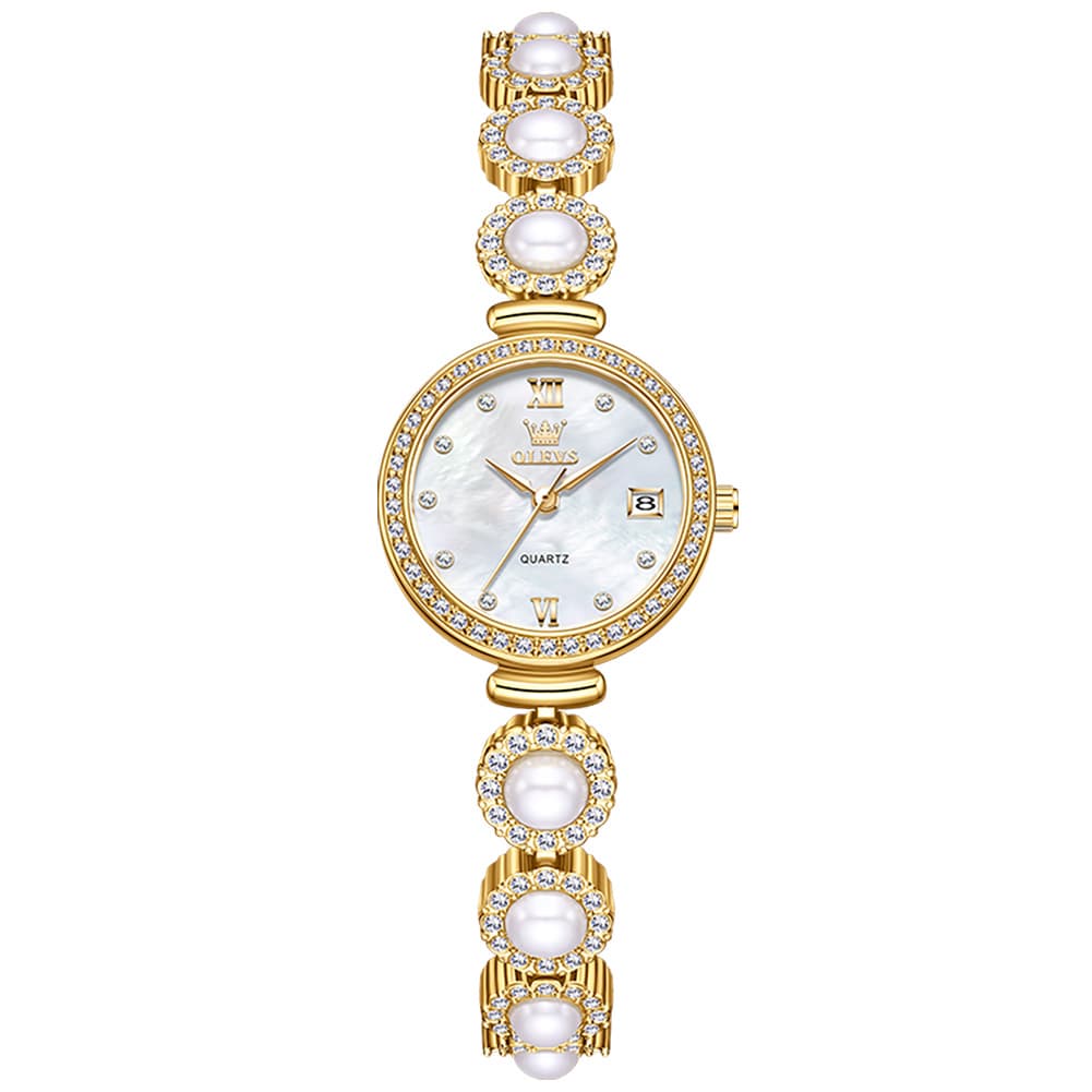 OLEVS Women Pearl Bracelet Watch Diamond Mother of Pearl Date Quartz 5635 - Gold White Dial Watch | Olevs Watch Store
