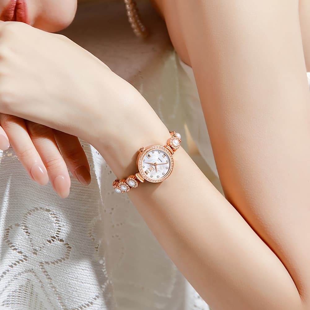 OLEVS Women Pearl Bracelet Watch Diamond Mother of Pearl Date Quartz 5635 - Rose Gold White Dial Watch | Olevs Watch Store