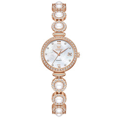 OLEVS Women Pearl Bracelet Watch Diamond Mother of Pearl Date Quartz 5635 - Rose Gold White Dial Watch | Olevs Watch Store