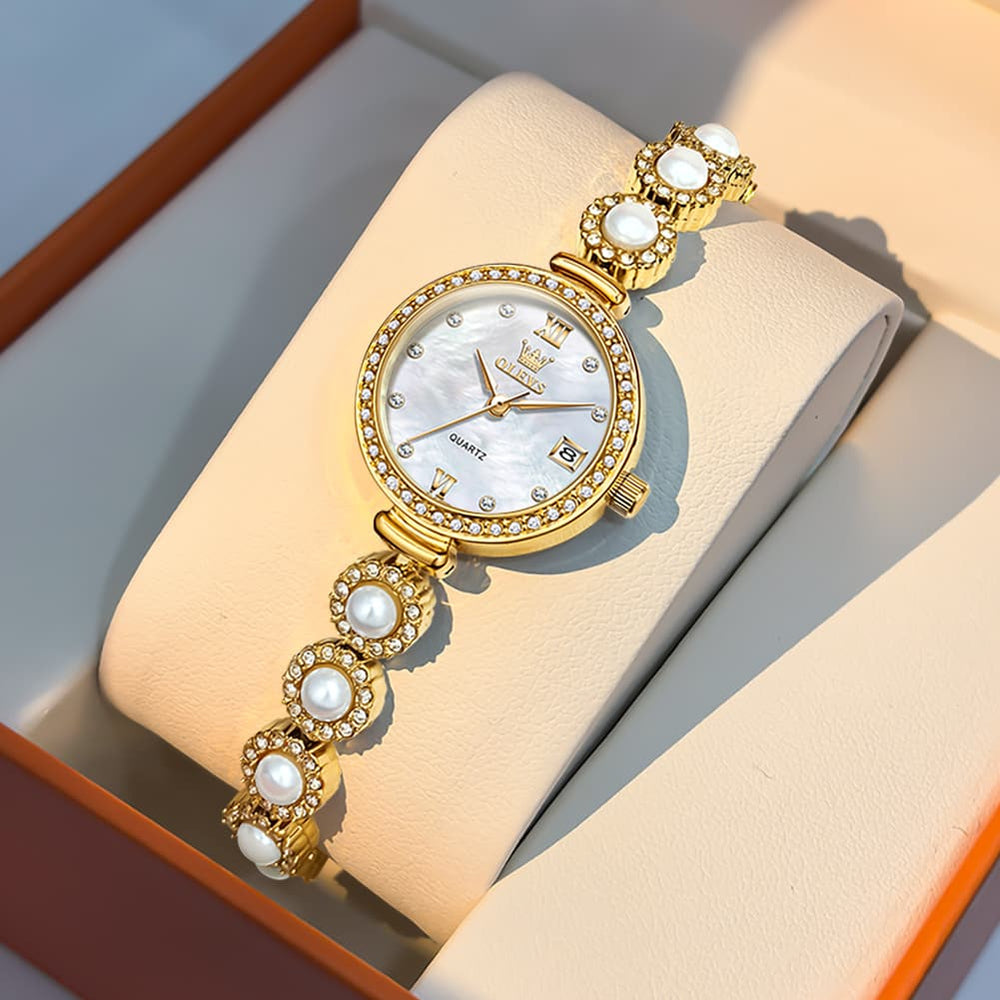 OLEVS Women Pearl Bracelet Watch Diamond Mother of Pearl Date Quartz 5635 - Rose Gold White Dial Watch | Olevs Watch Store