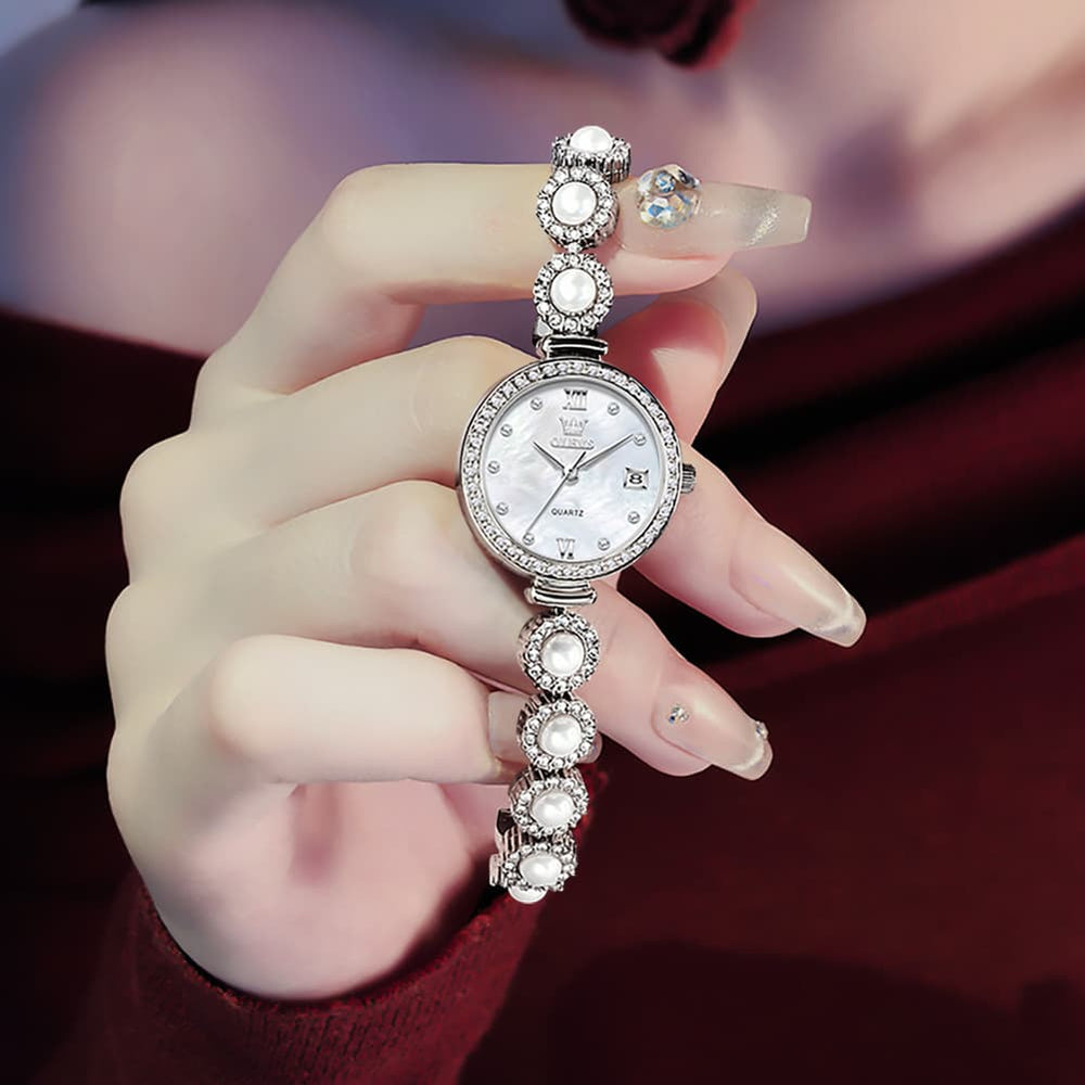 OLEVS Women Pearl Bracelet Watch Diamond Mother of Pearl Date Quartz 5635 - Rose Gold White Dial Watch | Olevs Watch Store