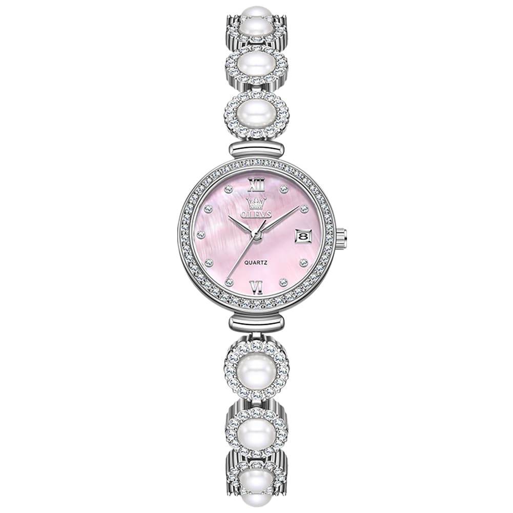 OLEVS Women Pearl Bracelet Watch Diamond Mother of Pearl Date Quartz 5635 - Silver Pink Dial Watch | Olevs Watch Store