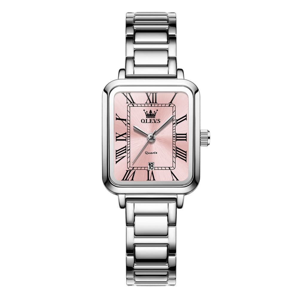 OLEVS Women Rectangular Dress Watch Retro Tank Stainless Steel Date Quartz 5641 - Silver Pink Dial Watch | Olevs Watch Store