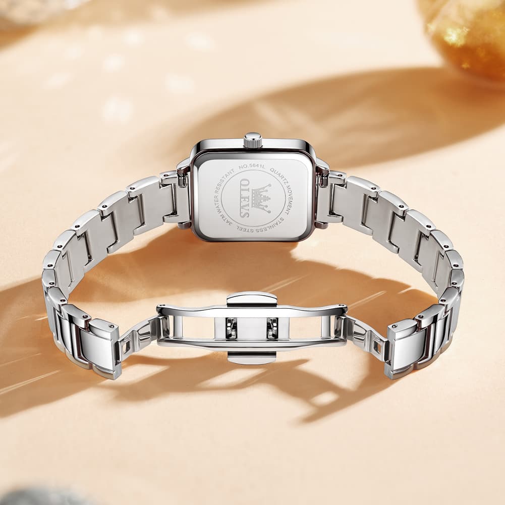 OLEVS Women Rectangular Dress Watch Retro Tank Stainless Steel Date Quartz 5641 - Silver Pink Dial Watch | Olevs Watch Store