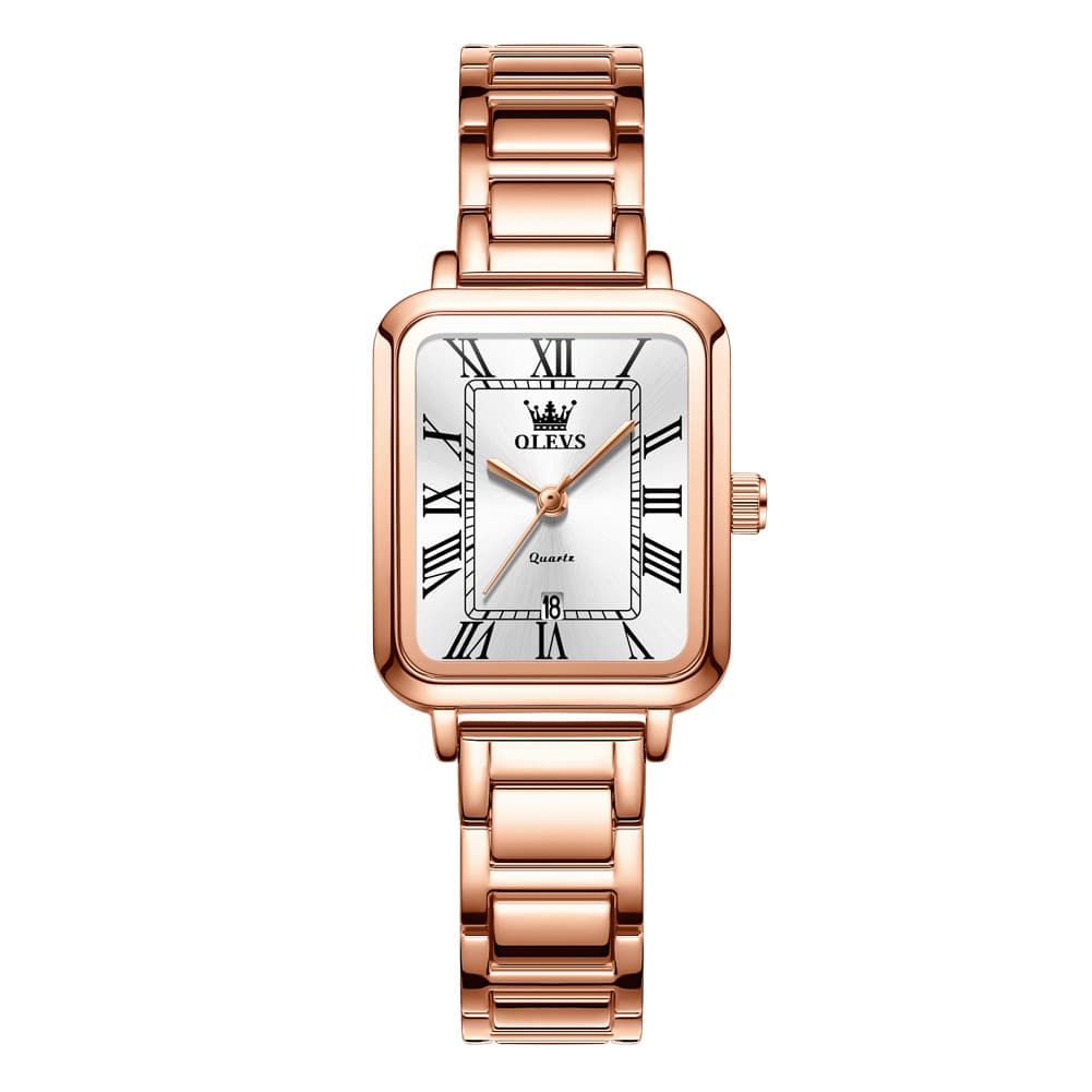 OLEVS Women Rectangular Dress Watch Retro Tank Stainless Steel Date Quartz 5641 - Silver Pink Dial Watch | Olevs Watch Store