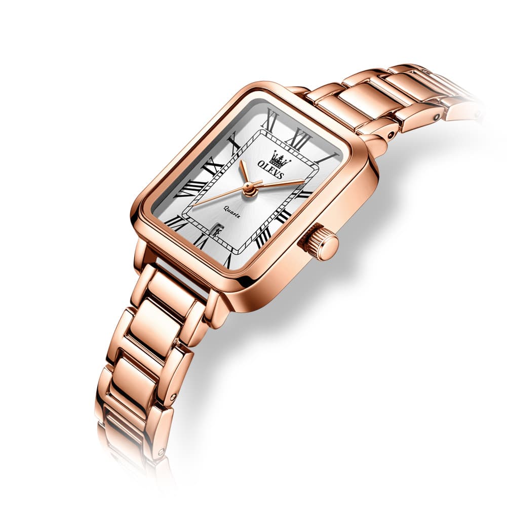 OLEVS Women Rectangular Dress Watch Retro Tank Stainless Steel Date Quartz 5641 - Silver Pink Dial Watch | Olevs Watch Store