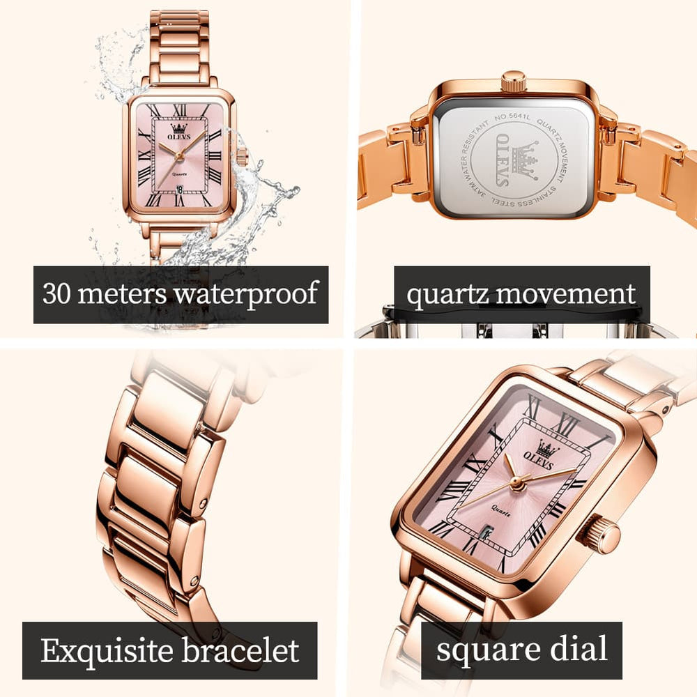 OLEVS Women Rectangular Dress Watch Retro Tank Stainless Steel Date Quartz 5641 - Silver Pink Dial Watch | Olevs Watch Store