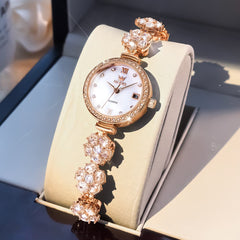 OLEVS Women Spinning Flower Watch Peach Blossom Crystal Mother of Pearl Date Quartz 5638 - Olevs Watch Store