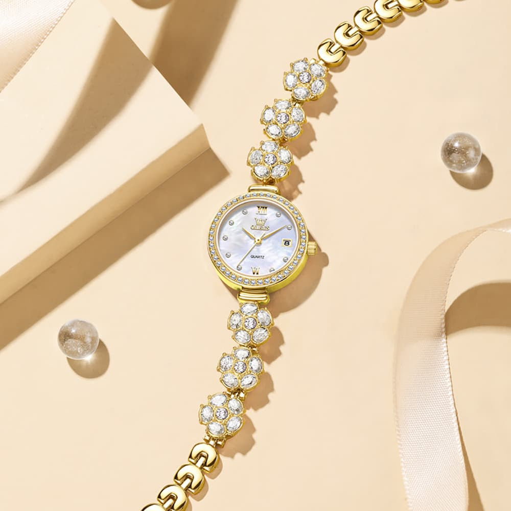 OLEVS Women Spinning Flower Watch Peach Blossom Crystal Mother of Pearl Date Quartz 5638 - Olevs Watch Store