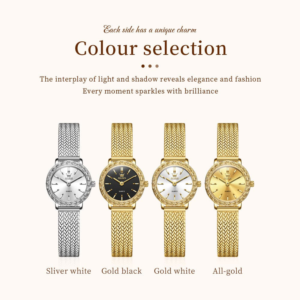 OLEVS Women Vintage Dress Watch Carved Bezel Woven Stainless Steel Quartz 5643 - Silver White Dial Watch | Olevs Watch Store