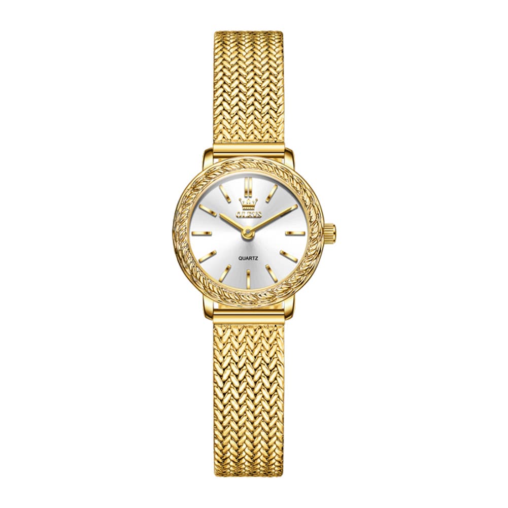 OLEVS Women Vintage Dress Watch Carved Bezel Woven Stainless Steel Quartz 5643 - Silver White Dial Watch | Olevs Watch Store