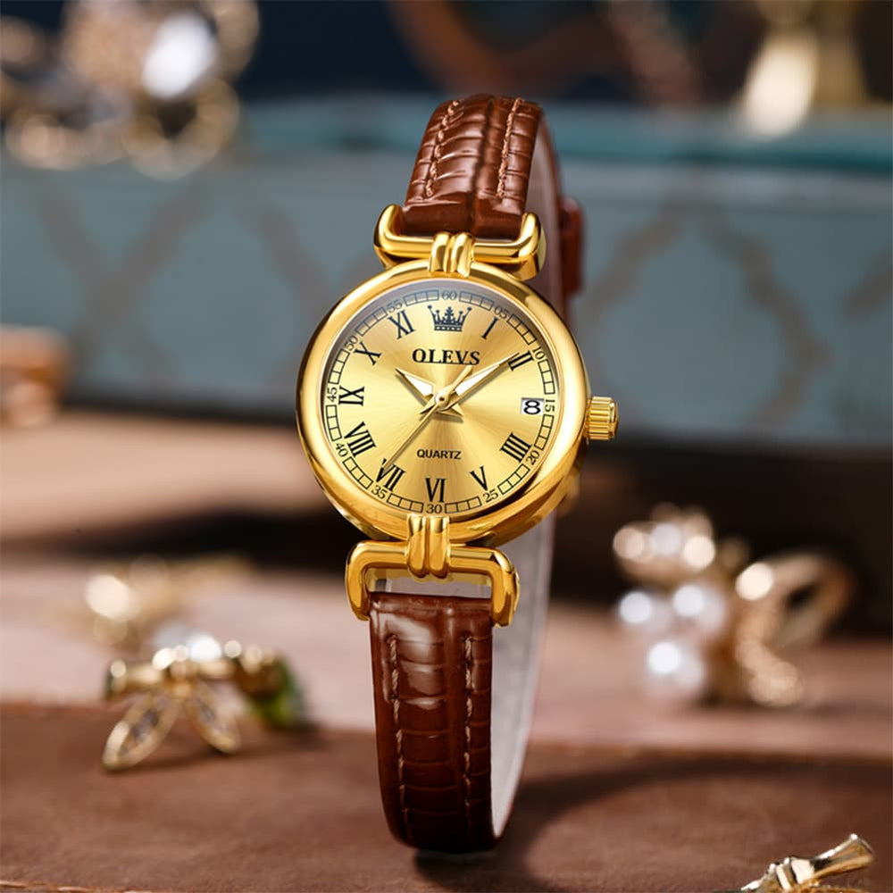 OLEVS Women Vintage Dress Watch Petite 24mm Leather Strap Date Quartz 5645 - Silver White Dial Watch | Olevs Watch Store