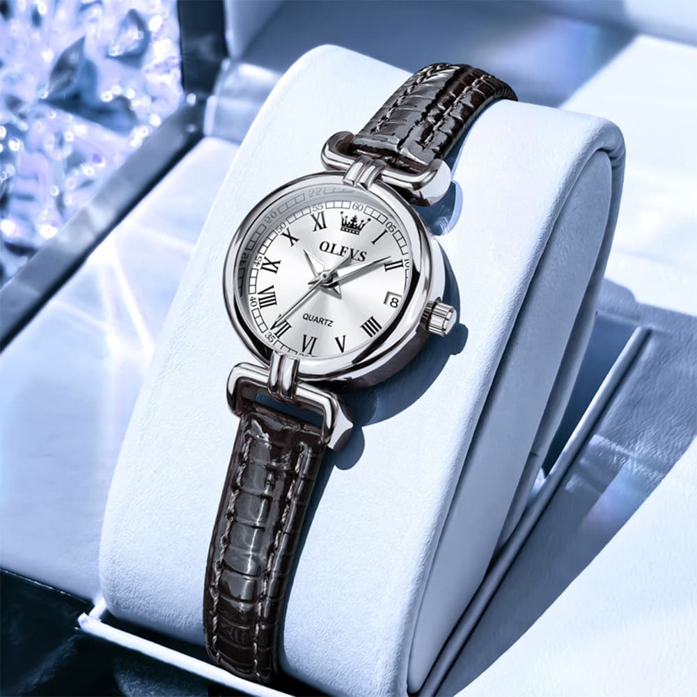 OLEVS Women Vintage Dress Watch Petite 24mm Leather Strap Date Quartz 5645 - Silver White Dial Watch | Olevs Watch Store