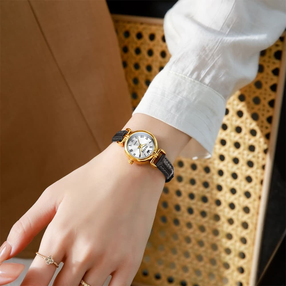 OLEVS Women Vintage Dress Watch Petite 24mm Leather Strap Date Quartz 5645 - Silver White Dial Watch | Olevs Watch Store