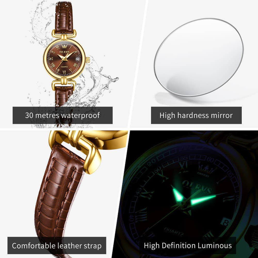 OLEVS Women Vintage Dress Watch Petite 24mm Leather Strap Date Quartz 5645 - Silver White Dial Watch | Olevs Watch Store