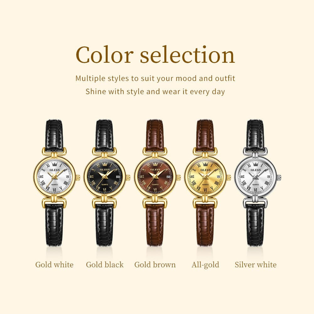 OLEVS Women Vintage Dress Watch Petite 24mm Leather Strap Date Quartz 5645 - Silver White Dial Watch | Olevs Watch Store