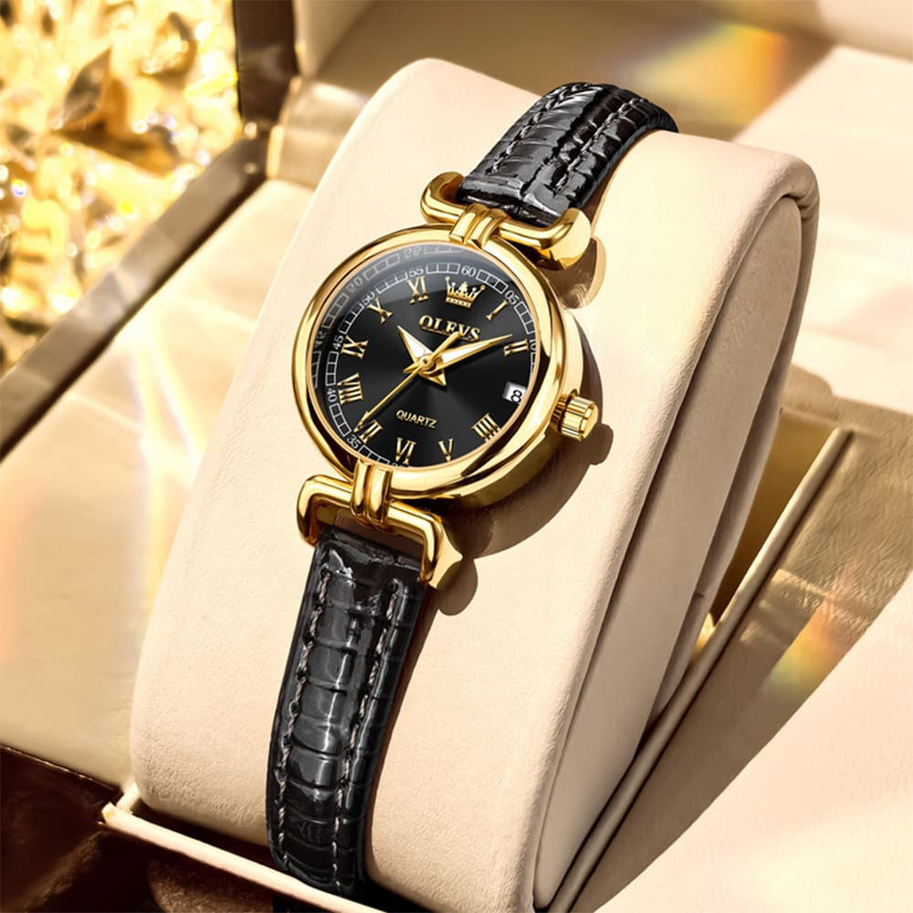 OLEVS Women Vintage Dress Watch Petite 24mm Leather Strap Date Quartz 5645 - Silver White Dial Watch | Olevs Watch Store