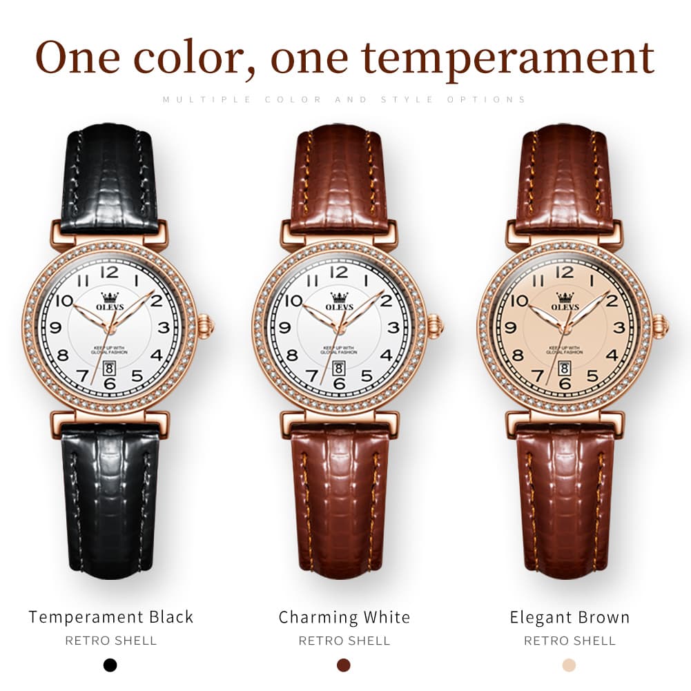 OLEVS Women Vintage Leather Dress Watch Arabic Numerals Date Quartz 5590 - Brown Leather Champagne Dial | Olevs Watch Store