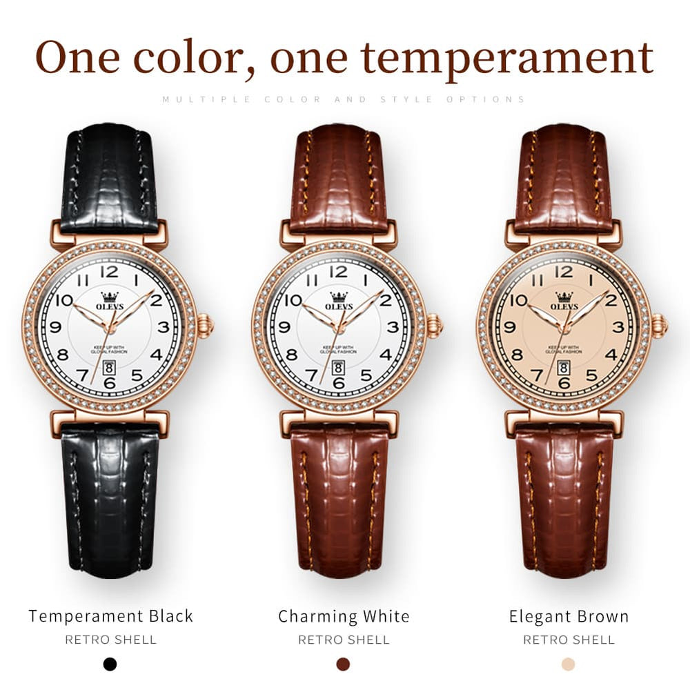 OLEVS Women Vintage Leather Dress Watch Arabic Numerals Date Quartz 5590 - Brown Leather Champagne Dial | Olevs Watch Store