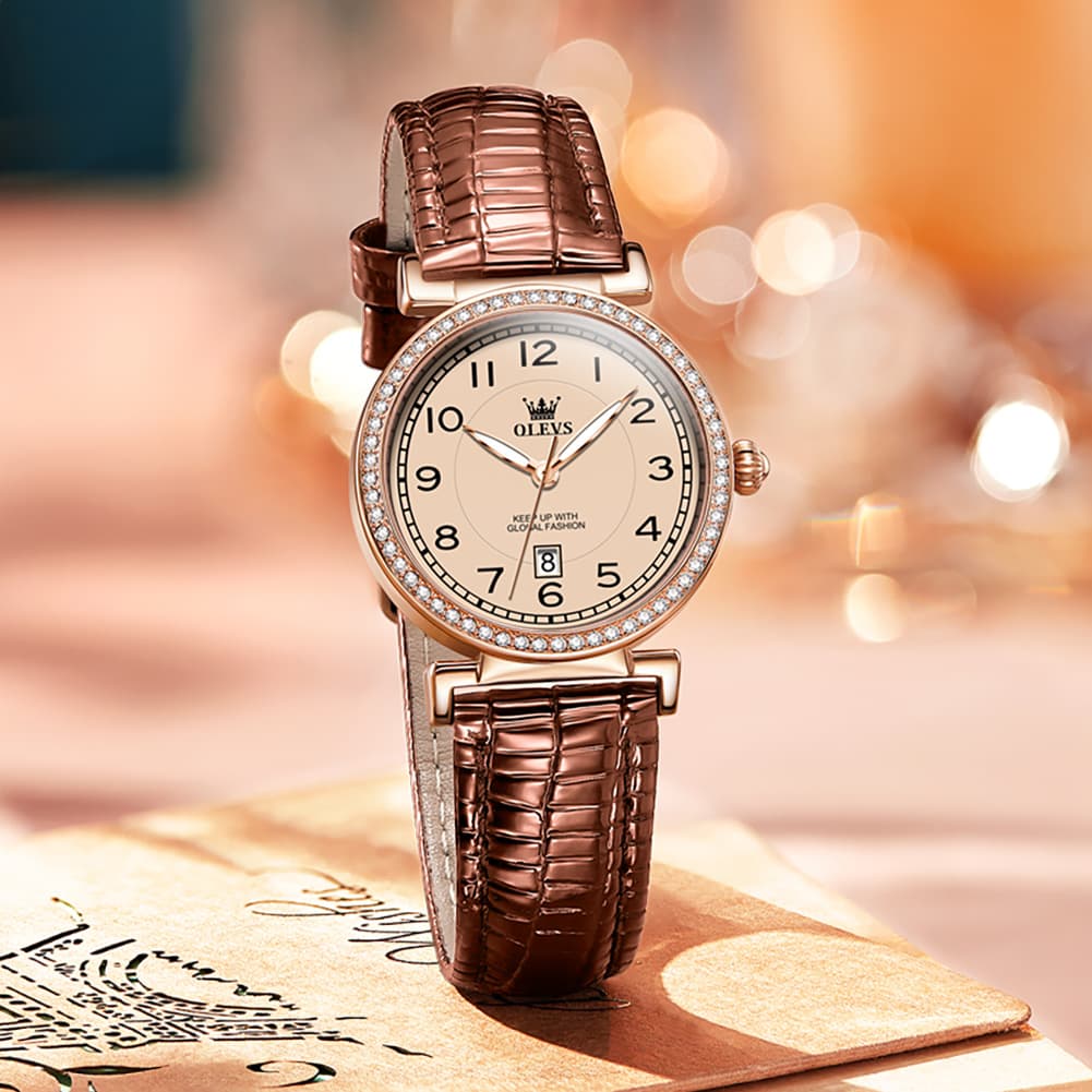 OLEVS Women Vintage Leather Dress Watch Arabic Numerals Date Quartz 5590 - Brown Leather Champagne Dial | Olevs Watch Store