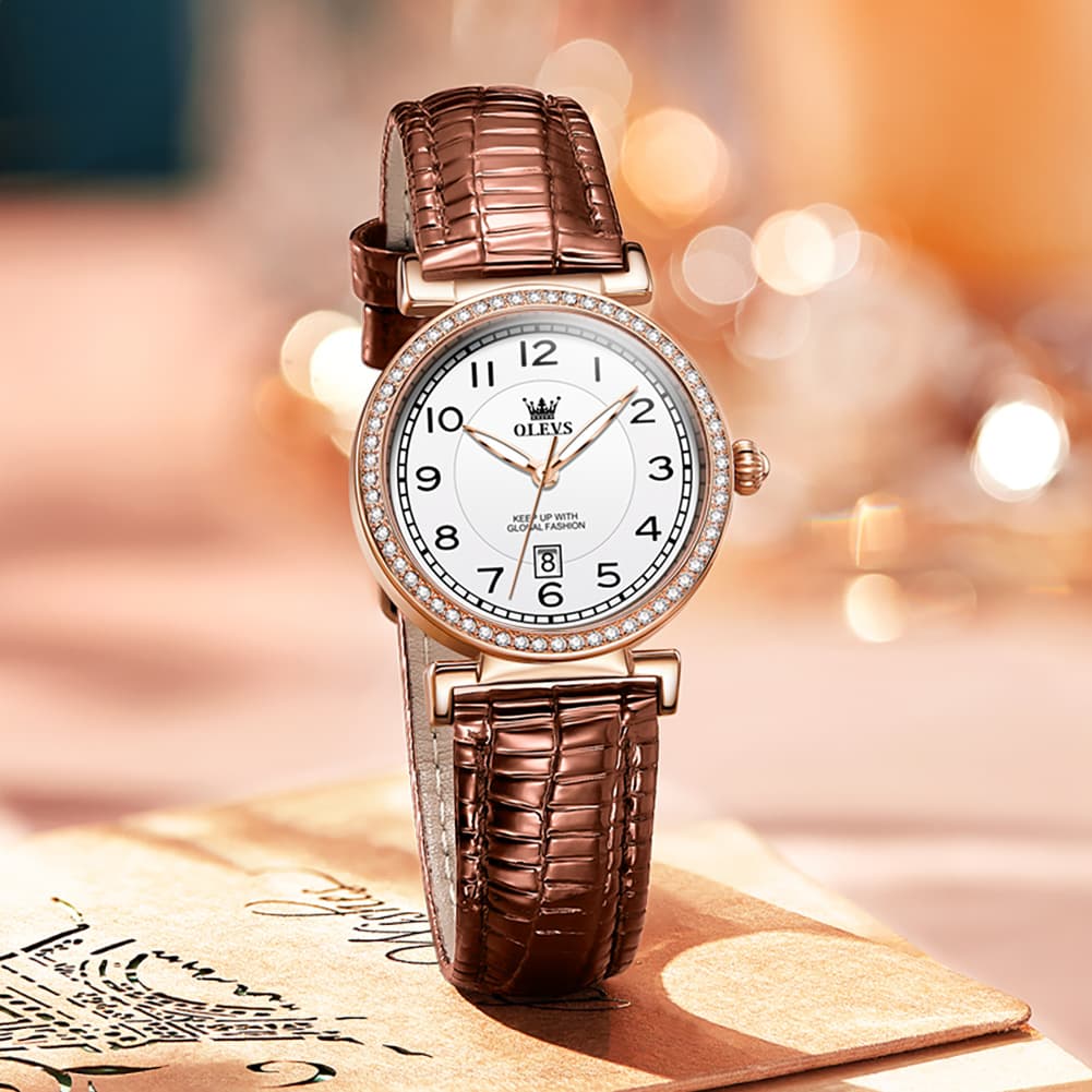 OLEVS Women Vintage Leather Dress Watch Arabic Numerals Date Quartz 5590 - Brown Leather Champagne Dial | Olevs Watch Store