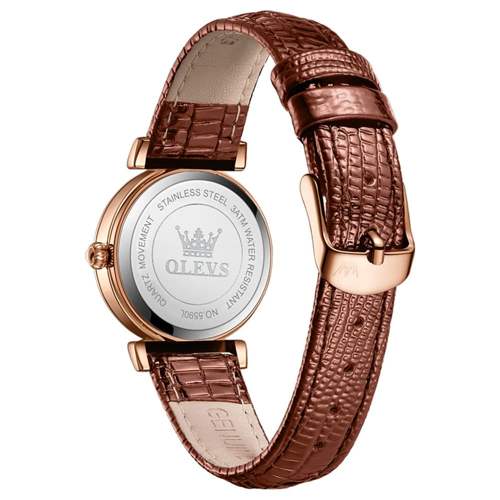 OLEVS Women Vintage Leather Dress Watch Arabic Numerals Date Quartz 5590 - Brown Leather Champagne Dial | Olevs Watch Store