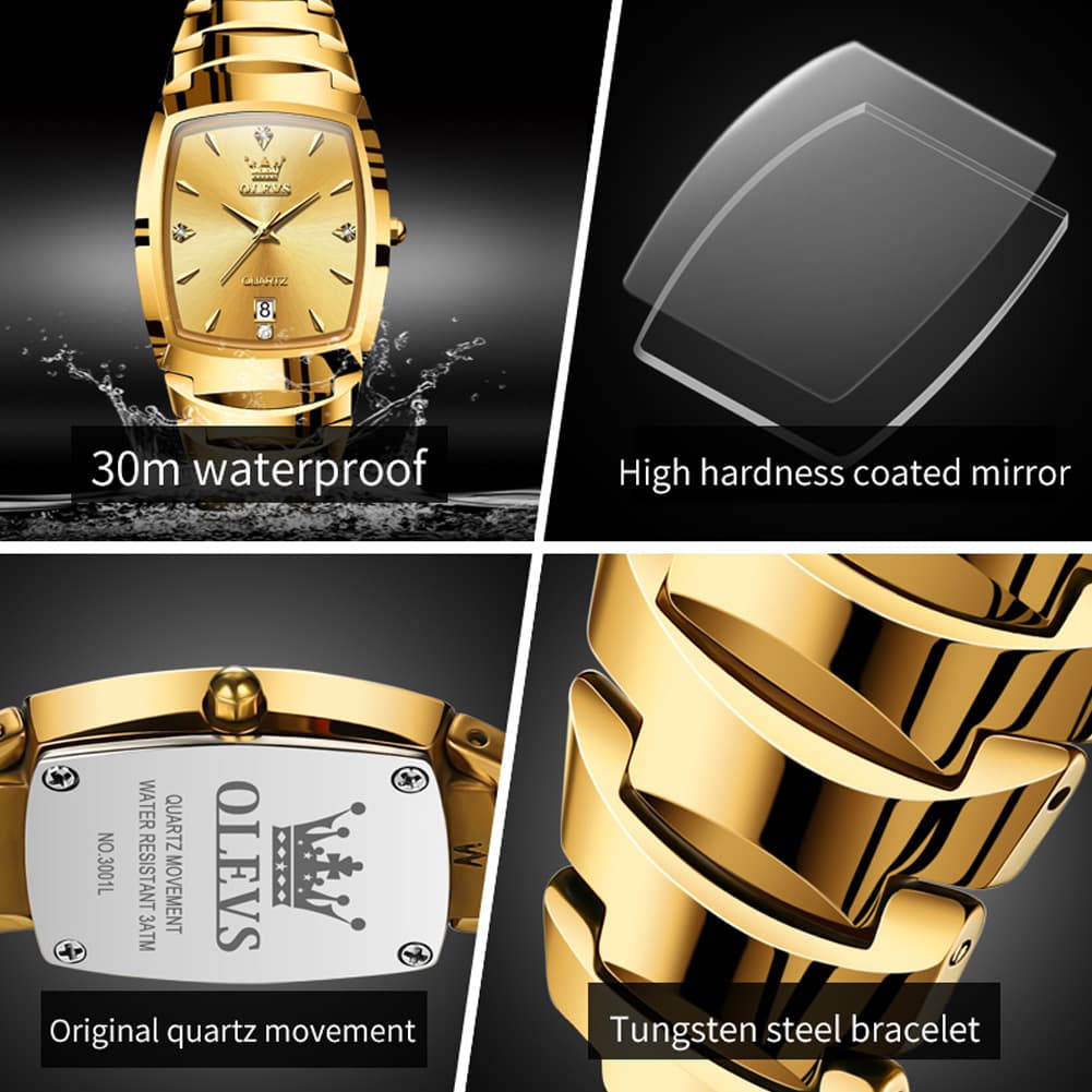 OLEVS 7006 Tungsten Steel Watch Tonneau Case Couple Diamond Accent Quartz Luxury Timepiece for Men and Women
