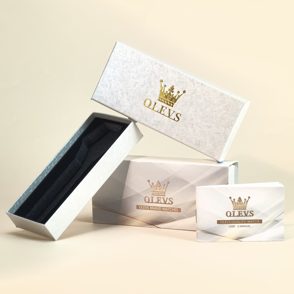 Standard OLEVS watch box with instruction manual and VIP warranty card